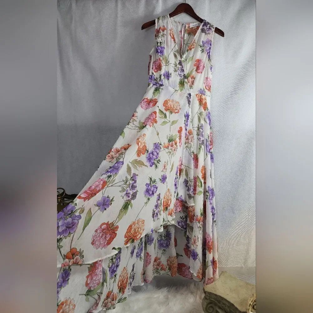 Calvin Klein Billowy Ethereal Floral Fairy High Low Dress with slip dress lining